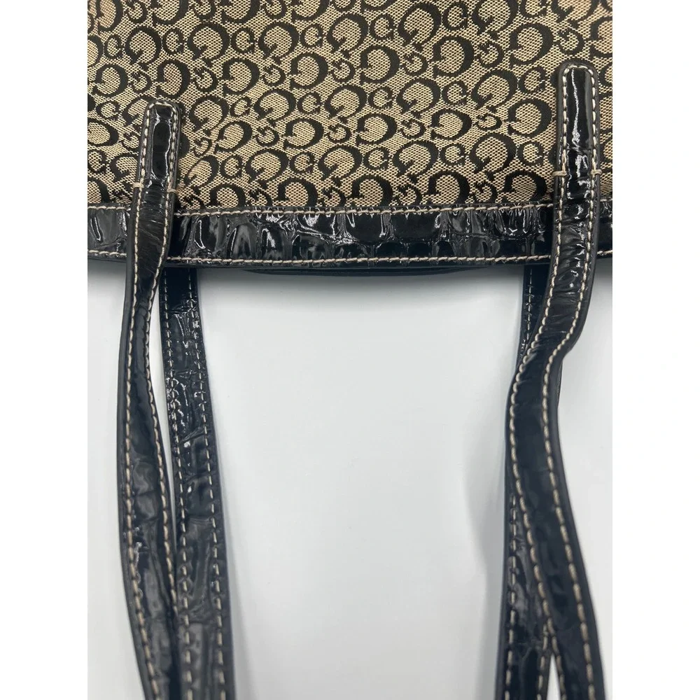Guess Monogram Tote Bag Black Tan Canvas Rhinestone G Logo‎ Y2K Purse